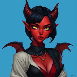 A portrait of a female tiefling with red skin, a sleek black bob haircut, and prominent horns