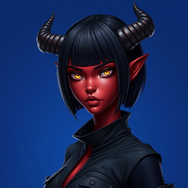 A portrait of a female tiefling with red skin, a sleek black bob haircut, and prominent horns