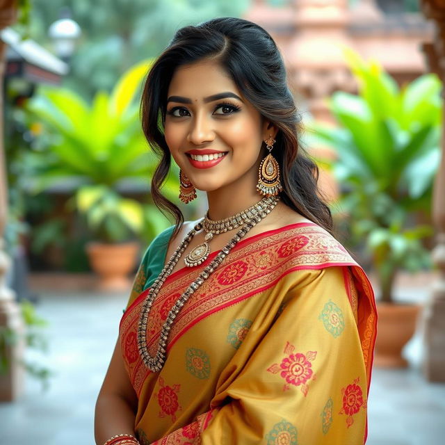 A beautiful and attractive Indian woman dressed in a traditional saree, exuding elegance and allure