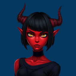 A portrait of a female tiefling with striking red skin, a sleek black bob haircut, and prominent curved horns