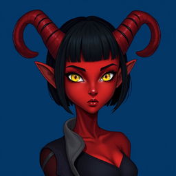 A portrait of a female tiefling with striking red skin, a sleek black bob haircut, and prominent curved horns