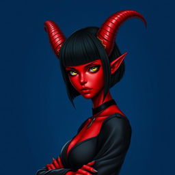 A portrait of a female tiefling with striking red skin, a sleek black bob haircut, and prominent curved horns