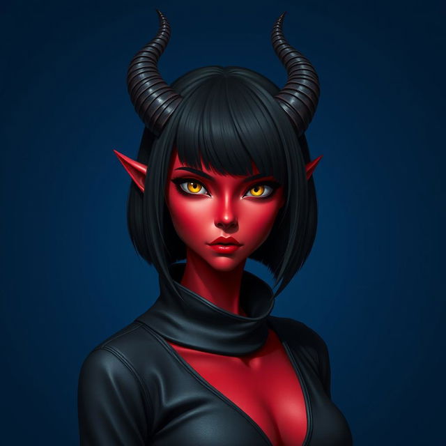 A portrait of a female tiefling with striking red skin, a sleek black bob haircut, and prominent curved horns