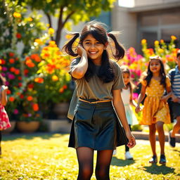 A lively and playful scene featuring a young Indian school girl, aged 14, wearing a stylish leather mini skirt, a trendy t-shirt, and black stockings