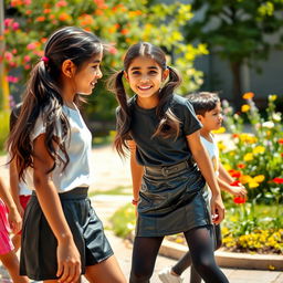 A lively and playful scene featuring a young Indian school girl, aged 14, wearing a stylish leather mini skirt, a trendy t-shirt, and black stockings