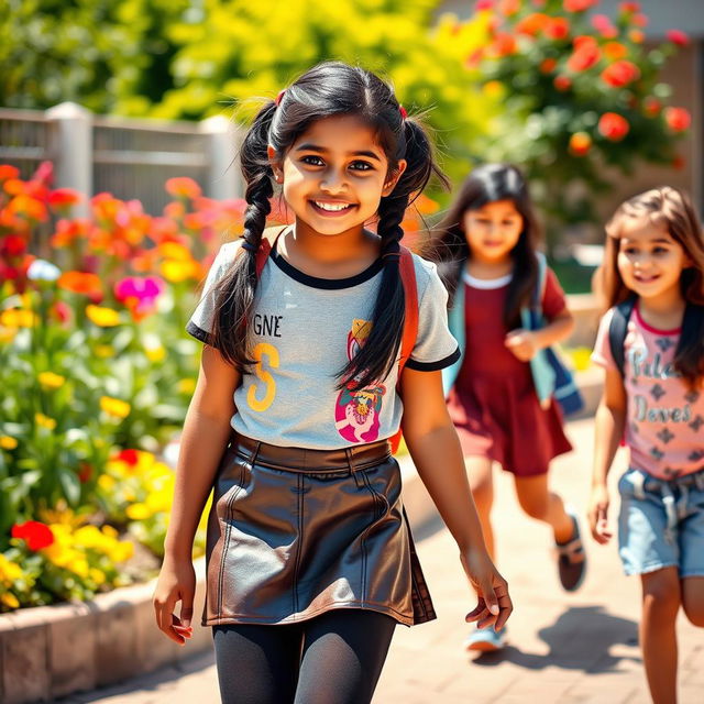 A lively and playful scene featuring a young Indian school girl, aged 14, wearing a stylish leather mini skirt, a trendy t-shirt, and black stockings