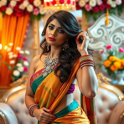 An alluring Indian woman with a sexy look, dressed in a vibrant and elegantly draped saree that accentuates her curves