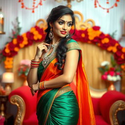 An alluring Indian woman with a sexy look, dressed in a vibrant and elegantly draped saree that accentuates her curves