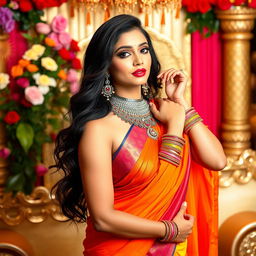 An alluring Indian woman with a sexy look, dressed in a vibrant and elegantly draped saree that accentuates her curves