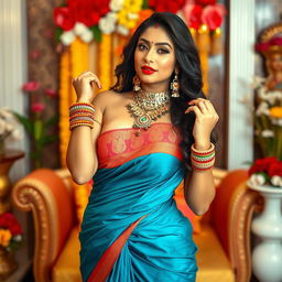 An alluring Indian woman with a sexy look, dressed in a vibrant and elegantly draped saree that accentuates her curves