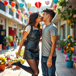 A lively and playful scene featuring a young Indian school girl, aged 15, wearing a stylish leather mini skirt, a trendy t-shirt, and black stockings, playfully kissing a young man aged 20