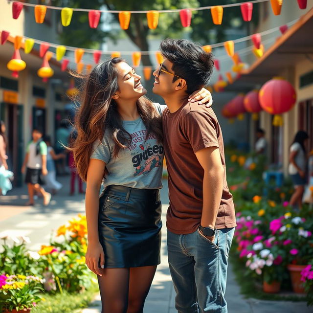 A lively and playful scene featuring a young Indian school girl, aged 15, wearing a stylish leather mini skirt, a trendy t-shirt, and black stockings, playfully kissing a young man aged 20