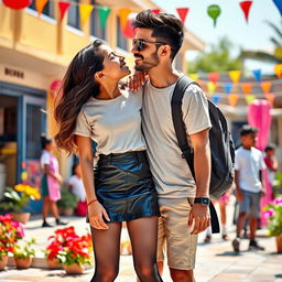 A lively and playful scene featuring a young Indian school girl, aged 15, wearing a stylish leather mini skirt, a trendy t-shirt, and black stockings, playfully kissing a young man aged 20