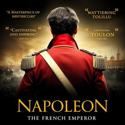 A dramatic biopic poster featuring Napoleon from behind, emphasizing his iconic military uniform