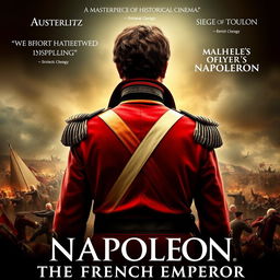 A dramatic biopic poster featuring Napoleon from behind, emphasizing his iconic military uniform