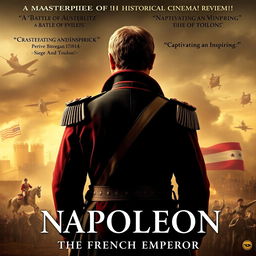 A dramatic biopic poster featuring Napoleon from behind, emphasizing his iconic military uniform