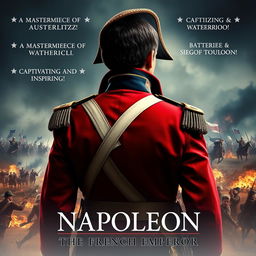 A dramatic biopic poster featuring Napoleon from behind, emphasizing his iconic military uniform