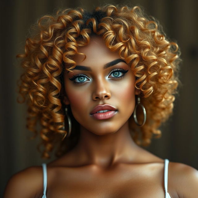 A sexy woman with a height of 5’4’’ and a tan complexion, featuring stunning strawberry blonde 3C curly hair