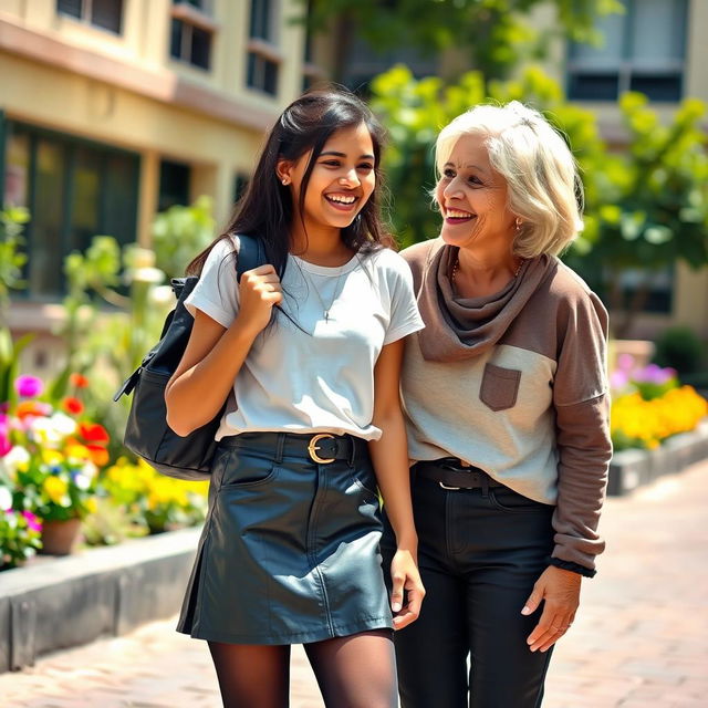 A lively and playful scene featuring a young Indian school girl, aged 15, wearing a stylish leather mini skirt, a trendy t-shirt, and black stockings, sharing a moment with a woman aged 45 in a joyful and friendly atmosphere