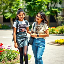 A lively and playful scene featuring a young Indian school girl, aged 15, wearing a stylish leather mini skirt, a trendy t-shirt, and black stockings, sharing a moment with a woman aged 45 in a joyful and friendly atmosphere