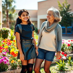 A lively and playful scene featuring a young Indian school girl, aged 15, wearing a stylish leather mini skirt, a trendy t-shirt, and black stockings, sharing a moment with a woman aged 45 in a joyful and friendly atmosphere
