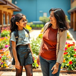 A lively and playful scene featuring a young Indian school girl, aged 15, wearing a stylish leather mini skirt, a trendy t-shirt, and black stockings, sharing a moment with a woman aged 45 in a joyful and friendly atmosphere