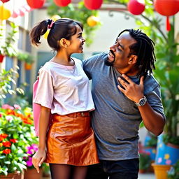 A lively and playful scene featuring a young Indian school girl, aged 15, wearing a stylish leather mini skirt, a trendy t-shirt, and black stockings, playfully kissing a black man aged 45