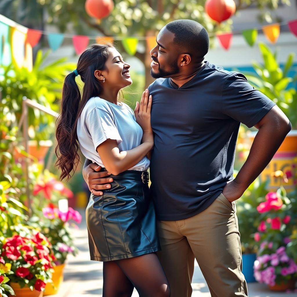 A lively and playful scene featuring a young Indian school girl, aged 15, wearing a stylish leather mini skirt, a trendy t-shirt, and black stockings, playfully kissing a black man aged 45