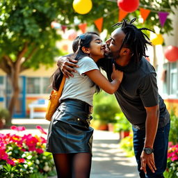 A lively and playful scene featuring a young Indian school girl, aged 15, wearing a stylish leather mini skirt, a trendy t-shirt, and black stockings, playfully kissing a black man aged 45