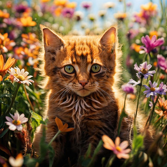 A vibrant photograph of a ginger kitten sitting amidst a field of colorful wildflowers under a clear blue sky.