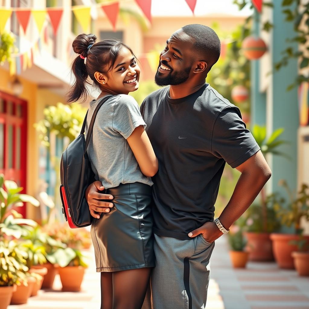 A lively and playful scene featuring a young Indian school girl, aged 15, wearing a stylish leather mini skirt, a trendy t-shirt, and black stockings, playfully looking back while giving a friendly kiss to a black man aged 45