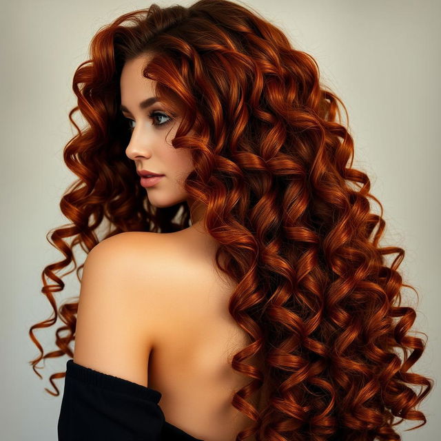 A stunning woman with long, luscious auburn 3C curly hair that cascades elegantly down her back