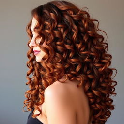 A stunning woman with long, luscious auburn 3C curly hair that cascades elegantly down her back