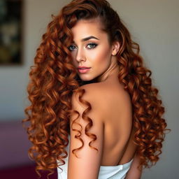 A stunning woman with long, luscious auburn 3C curly hair that cascades elegantly down her back