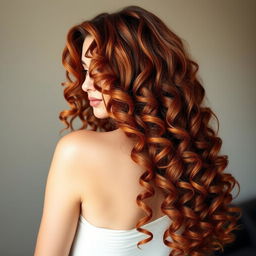 A stunning woman with long, luscious auburn 3C curly hair that cascades elegantly down her back