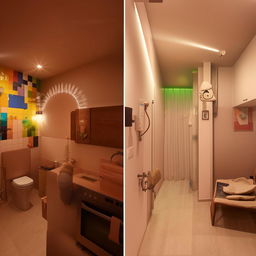 Renovate the interior of a thematic 1BHK society flat, designed for Airbnb rental, innovatively transformed with modern, comfortable features while maintaining its unique theme.