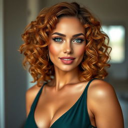 A sexy woman with a height of 5’4’’ and a tan complexion, featuring natural auburn 4A curly hair that frames her face beautifully
