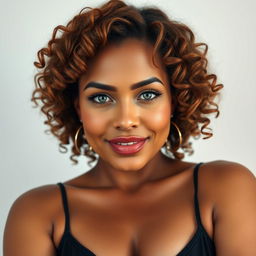 A sexy woman with a height of 5’4’’ and a tan complexion, featuring natural auburn 4A curly hair that frames her face beautifully