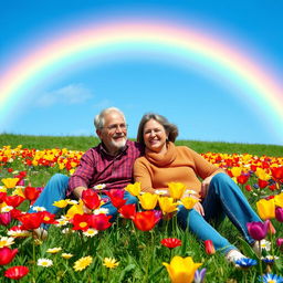 A middle-aged couple sitting on a grassy meadow under a bright, vibrant rainbow