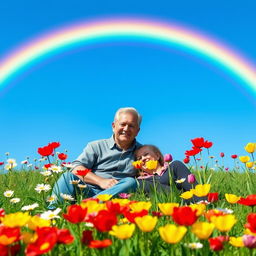 A middle-aged couple sitting on a grassy meadow under a bright, vibrant rainbow