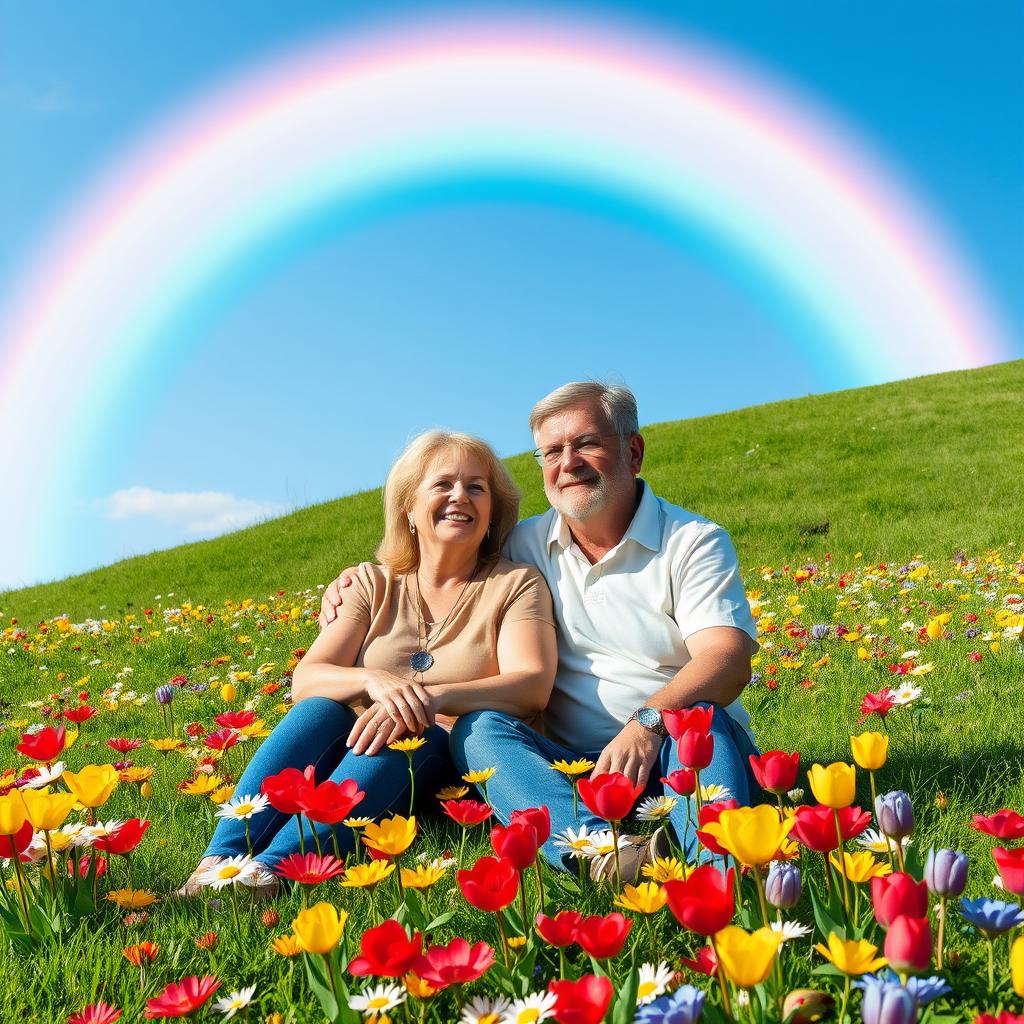 A middle-aged couple sitting on a grassy meadow under a bright, vibrant rainbow