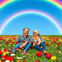 A middle-aged couple sitting on a grassy meadow under a bright, vibrant rainbow