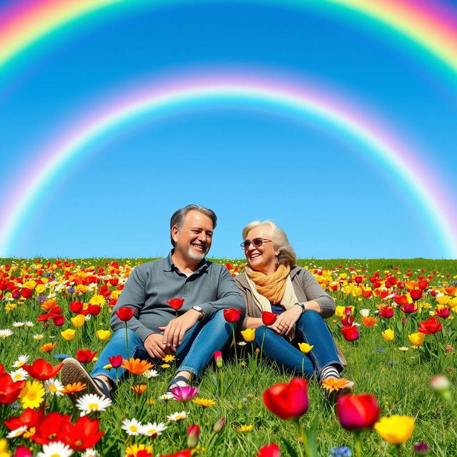 A middle-aged couple sitting on a grassy meadow under a bright, vibrant rainbow