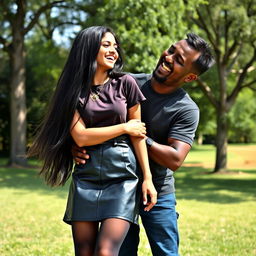 A lively and playful outdoor scene featuring a young Indian school girl, aged 15, with long black hair wearing a stylish leather mini skirt, a trendy t-shirt, and black stockings