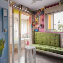 Renovate the interior of a thematic 1BHK society flat, designed for Airbnb rental, innovatively transformed with modern, comfortable features while maintaining its unique theme.