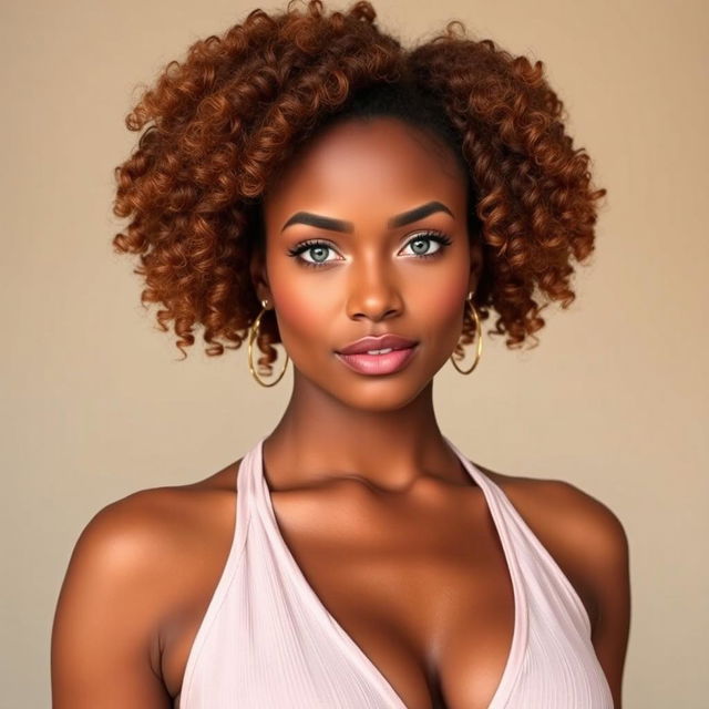 A sexy woman standing at 5’4’’ with a beautiful tan complexion, showcasing her natural auburn 4A curly hair that frames her face stylishly