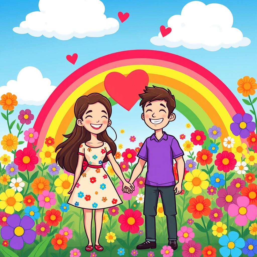 A colorful and cheerful cartoon scene featuring a loving couple, holding hands, with a vibrant rainbow arching over them, connecting their hearts