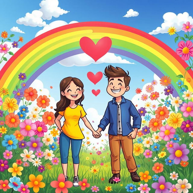 A colorful and cheerful cartoon scene featuring a loving couple, holding hands, with a vibrant rainbow arching over them, connecting their hearts