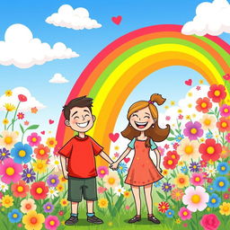 A colorful and cheerful cartoon scene featuring a loving couple, holding hands, with a vibrant rainbow arching over them, connecting their hearts