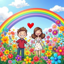 A colorful and cheerful cartoon scene featuring a loving couple, holding hands, with a vibrant rainbow arching over them, connecting their hearts